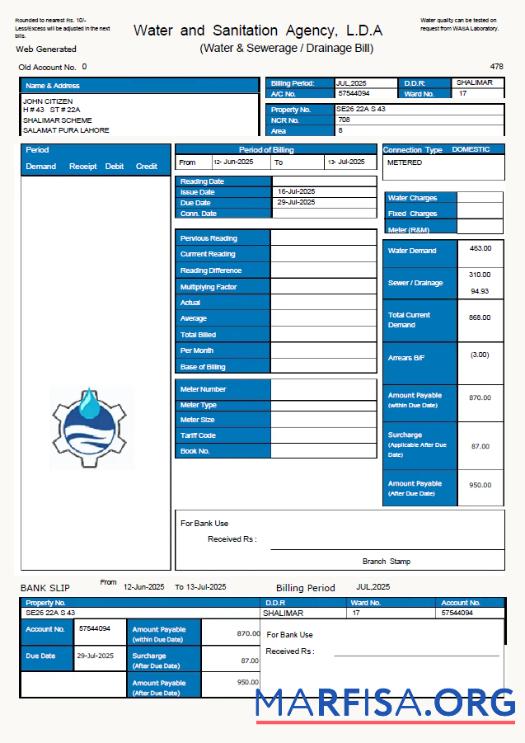 Printable Pakistan WASA utility bill template in Word and PDF formats, version 2